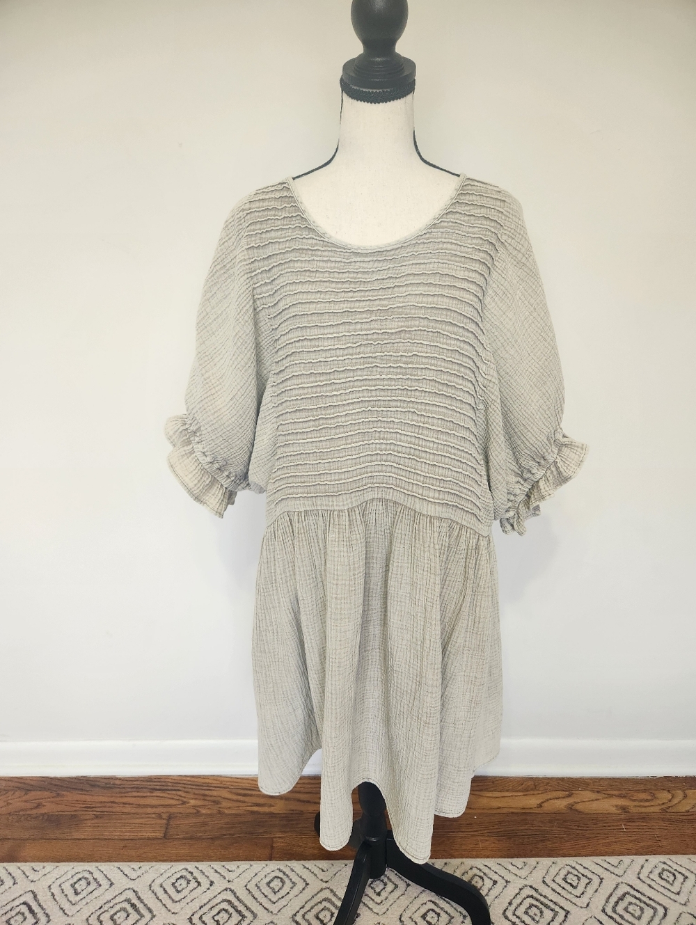 Three Bird Nest Mini Dress Quinn Puff Sleeve Oatmeal Boho Peasant Oversized S - Picture 7 of 16